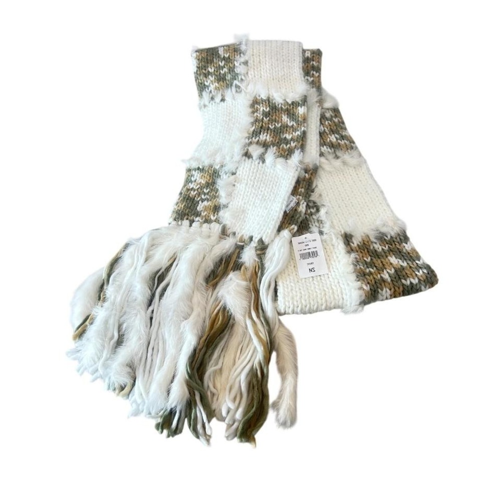 BCBGMAXAZRIA Hand Knit Patchwork Scarf Real Rabbit Fur Fringe Ivory Green Luxury